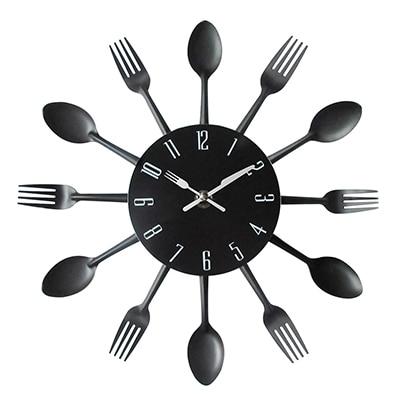 Reloj de pared de cocina de metal con cubiertos: diseño de cuchara y tenedor, reloj de pared de cuarzo único para cocinas modernas