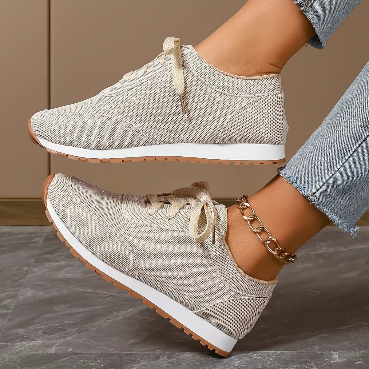 Beige sneakers i linnelook - Nora skor