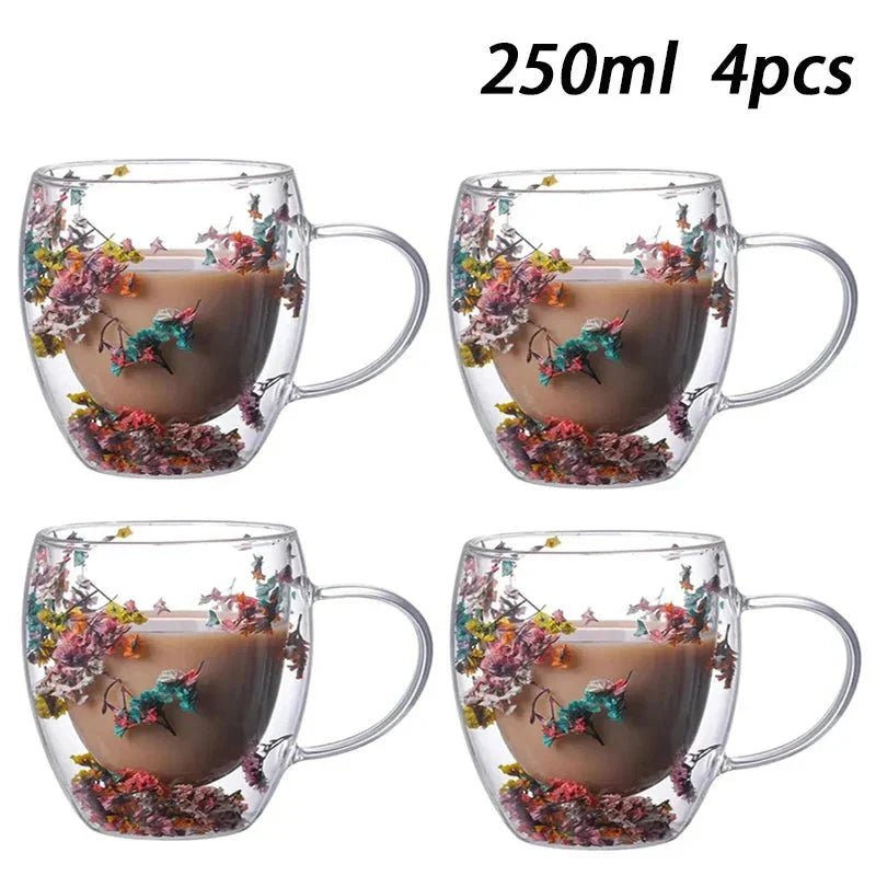 Double Wall Insulated Floral Glass Coffee Mugs