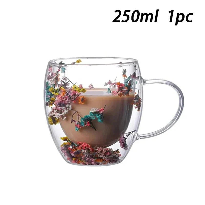 Double Wall Insulated Floral Glass Coffee Mugs