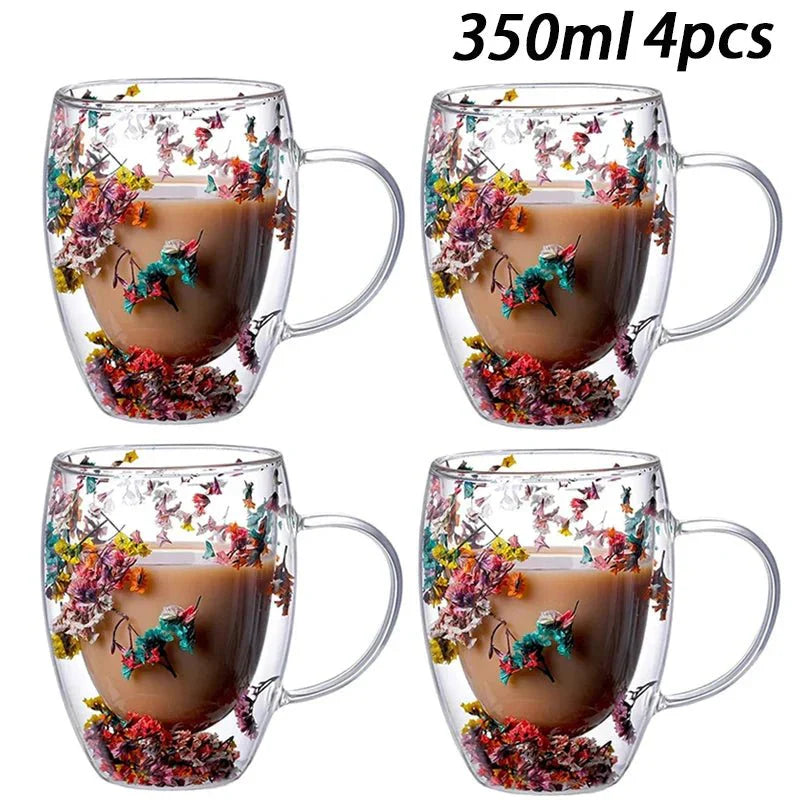 Double Wall Insulated Floral Glass Coffee Mugs