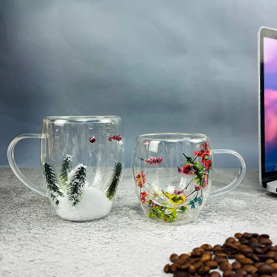 Double Wall Insulated Floral Glass Coffee Mugs