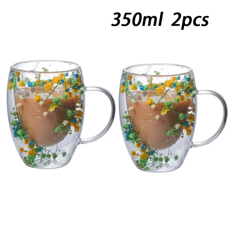 Double Wall Insulated Floral Glass Coffee Mugs