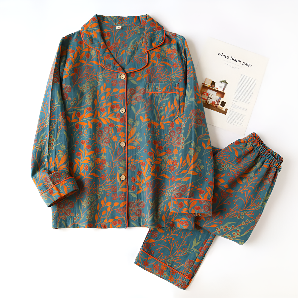 Vintage Leaf Cotton Lapel Loungewear Set