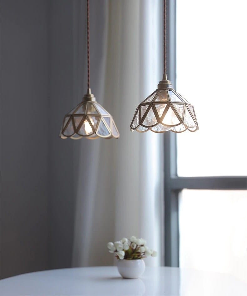 Glass Flower Pendant LED Light with Brass Frame in Vintage Style - Bulb Included