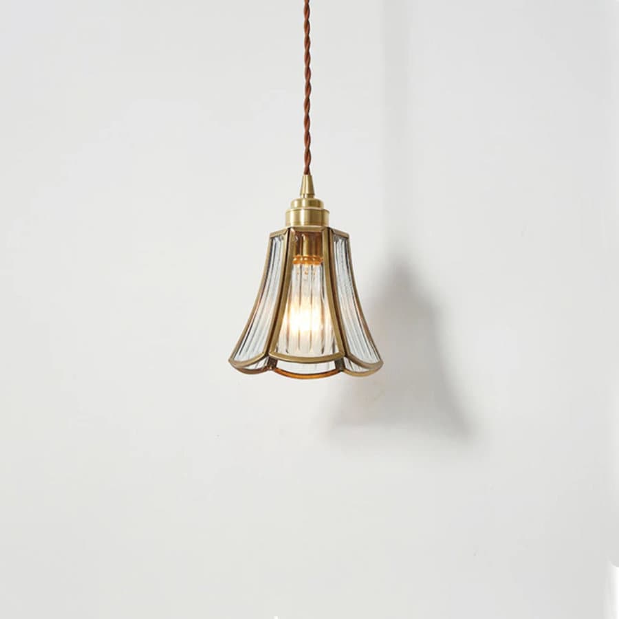 Glass Flower Pendant LED Light with Brass Frame in Vintage Style - Bulb Included