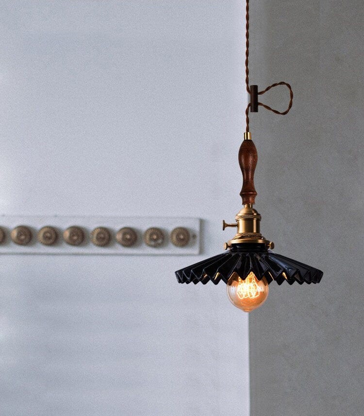 Glazed Ceramic Pleated Tutu Pendant LED Light in Art Deco Style - Bulb Included