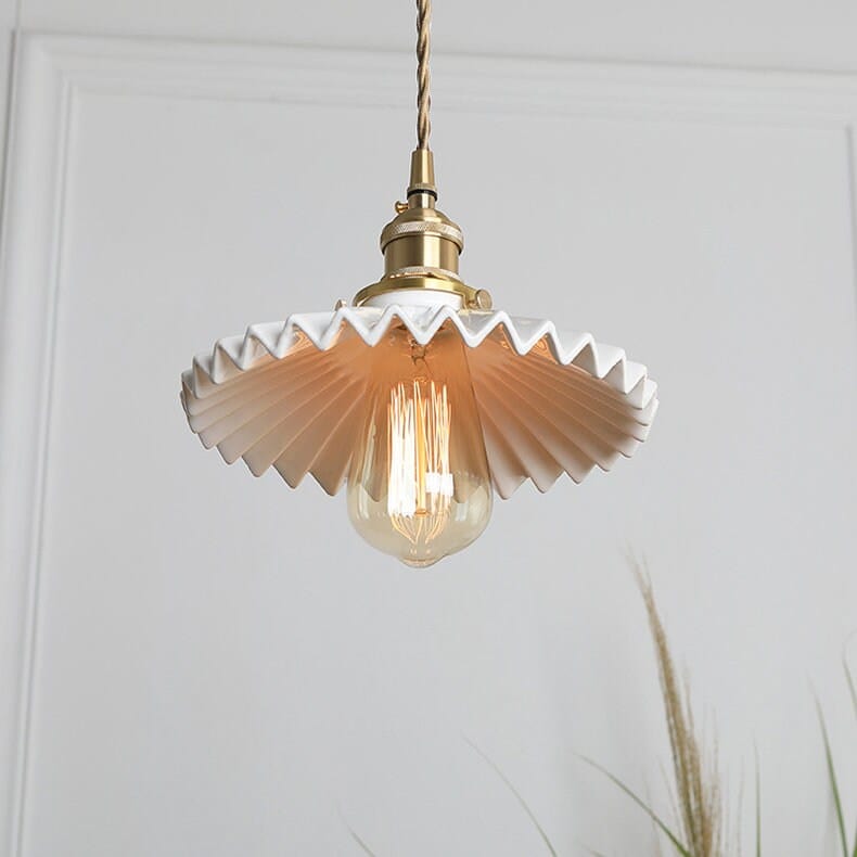 Glazed Ceramic Pleated Tutu Pendant LED Light in Art Deco Style - Bulb Included