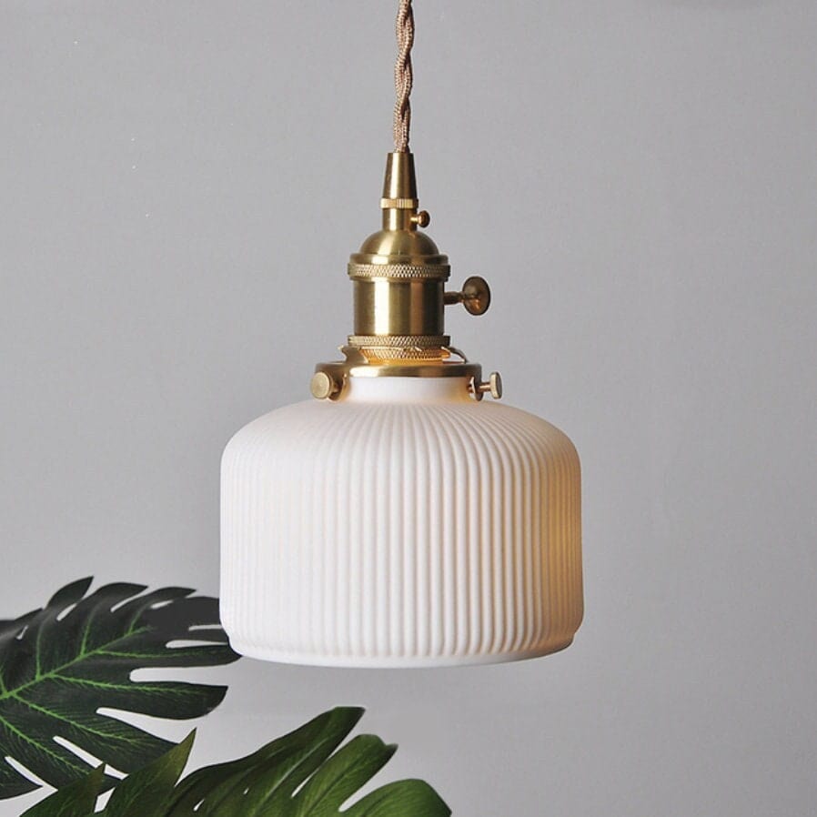 Ceramic Ribbed Pendant LED Light in Japanese Short Cylinder Shape - Bulb Included