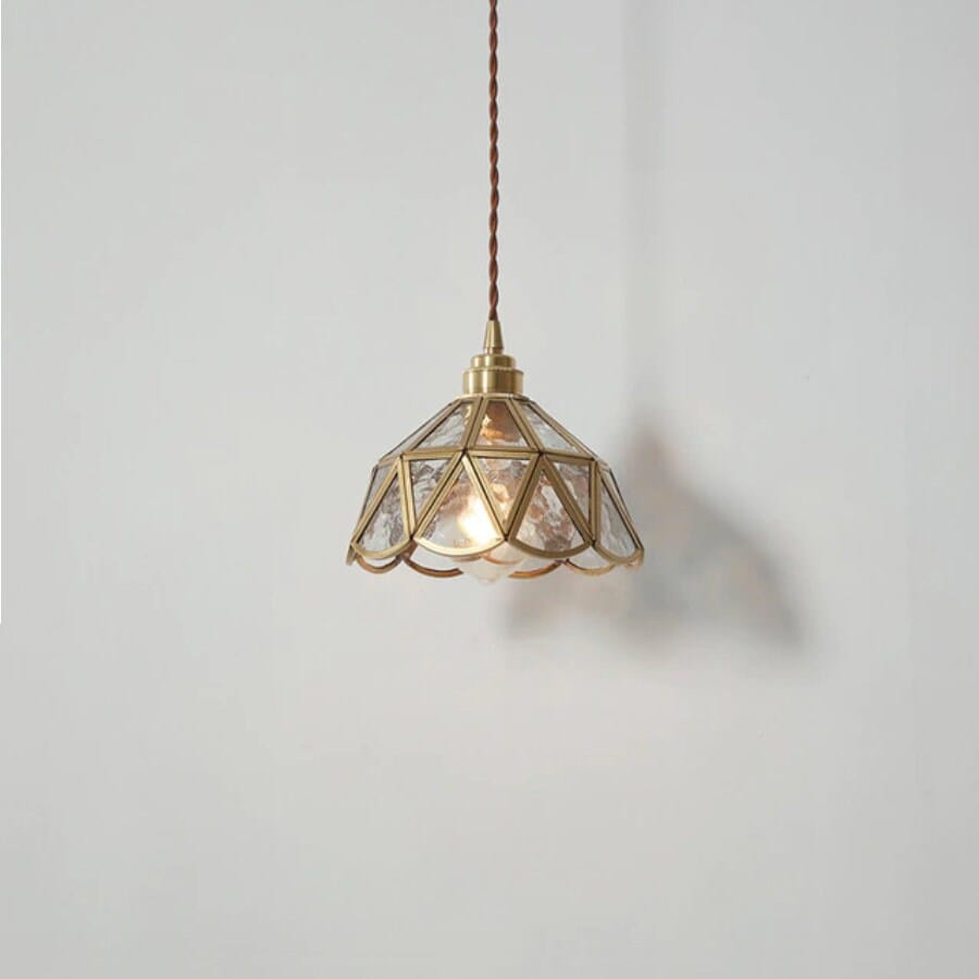 Glass Flower Pendant LED Light with Brass Frame in Vintage Style - Bulb Included