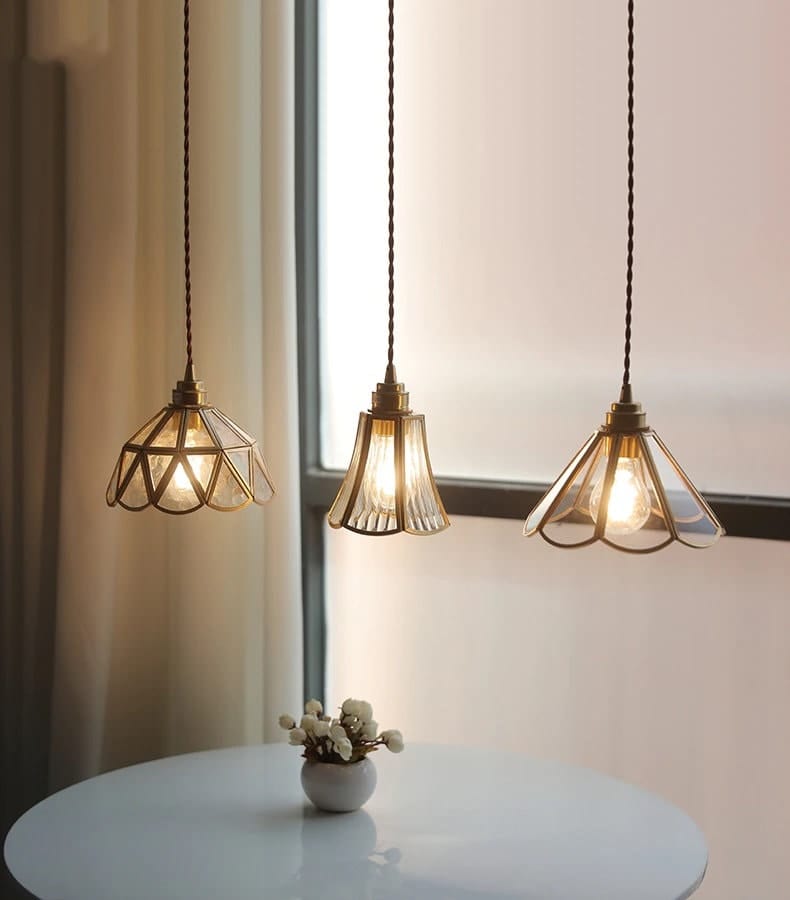 Glass Flower Pendant LED Light with Brass Frame in Vintage Style - Bulb Included