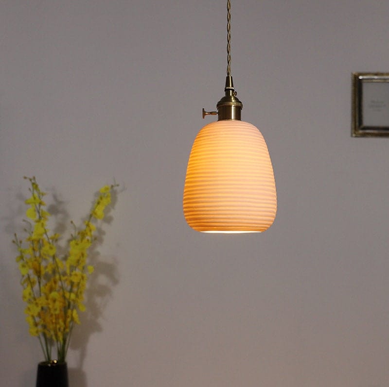 Ceramic Ribbed Pendant LED Light in Japanese Lantern Shape - Bulb Included