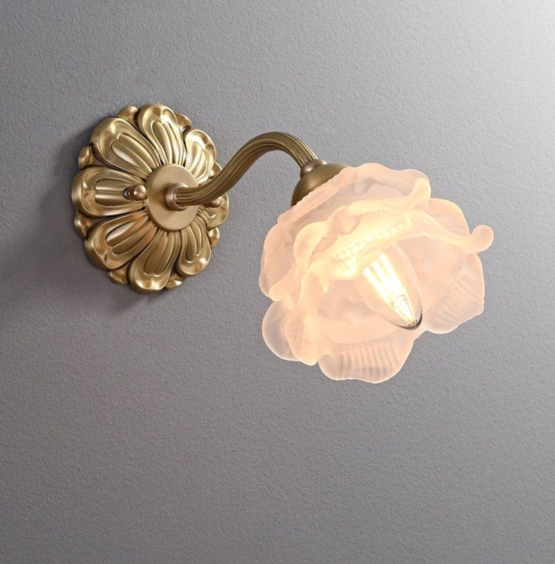 Frosted Layered Glass Flower Wall Light with Brushed Brass Carved Flower Fixture - Bulb Included