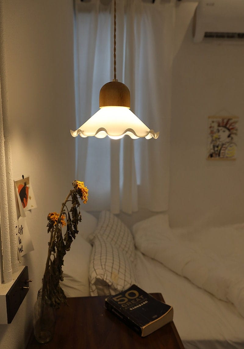 White Opaline Glass Flower Pendant LED Light with Brushed Brass Lamp Holder in Vintage Style - Bulb Included