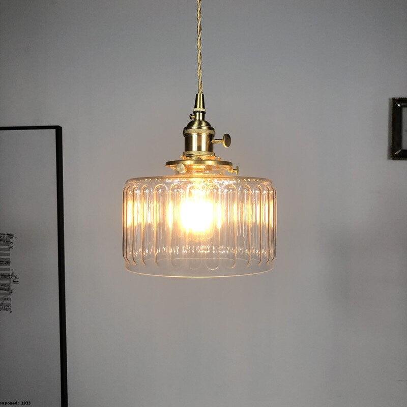 Fluted Glass Short Cylinder Pendant LED Light in Vintage Style - Bulb Included