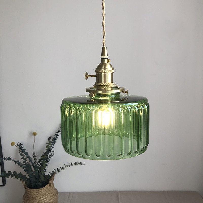 Lámpara LED colgante de cilindro corto de vidrio estriado en estilo vintage - Bombilla incluida