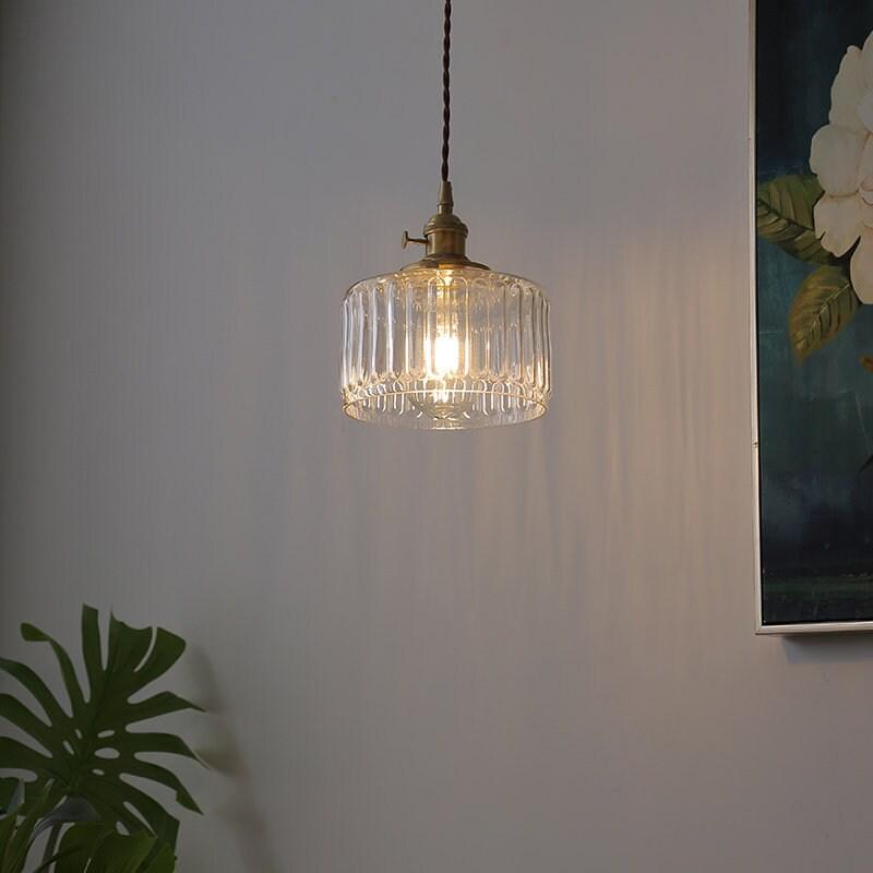 Fluted Glass Short Cylinder Pendant LED Light in Vintage Style - Bulb Included