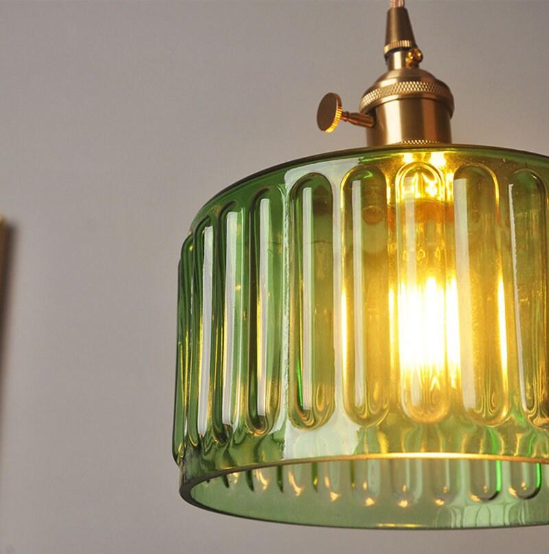 Fluted Glass Short Cylinder Pendant LED Light in Vintage Style - Bulb Included