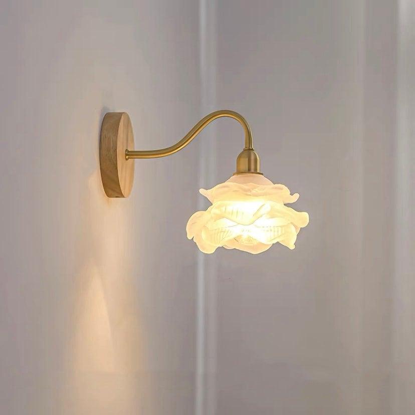 Applique murale fleur en verre superposé avec luminaire en bois - Ampoule incluse