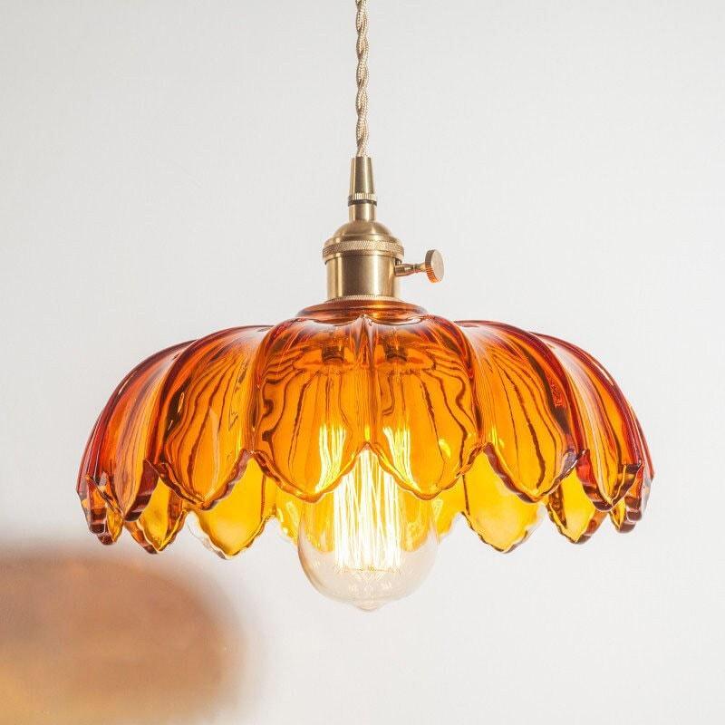 Glass Lotus Flower Pendant LED Light in Vintage Style - Bulb Included