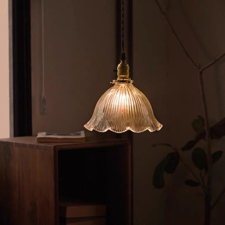 Classica lampada a sospensione a fiore in vetro scanalato a LED in stile vintage francese - Lampadina inclusa