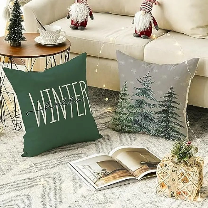 Fodera per cuscino natalizia colorata – Design "Buon albero di Natale" e "Ciao inverno".