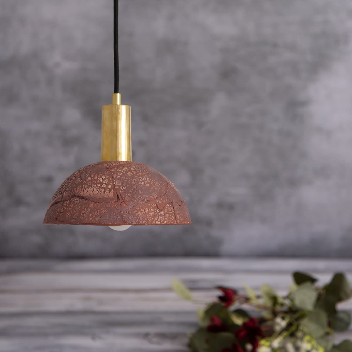 Kauri Organic Ceramic Dome Pendant Light 20cm, Red Iron