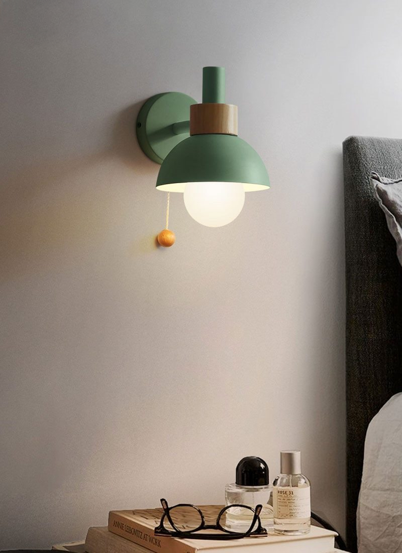 Colored Wood & Metal Globe Wall Sconce with Pull Cord