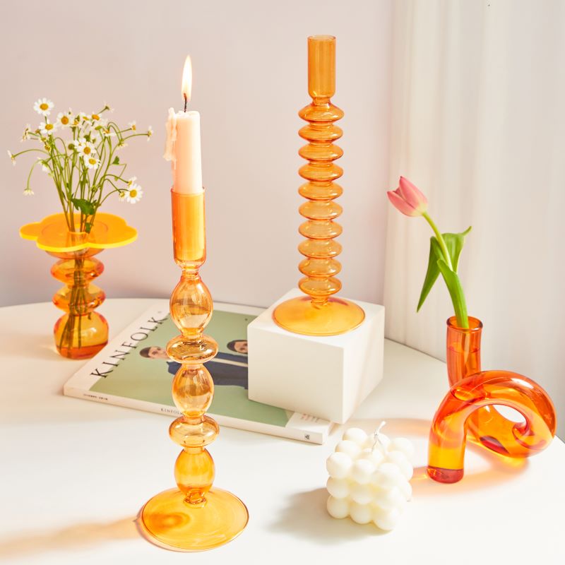 Orange Blown Glass Candle holders