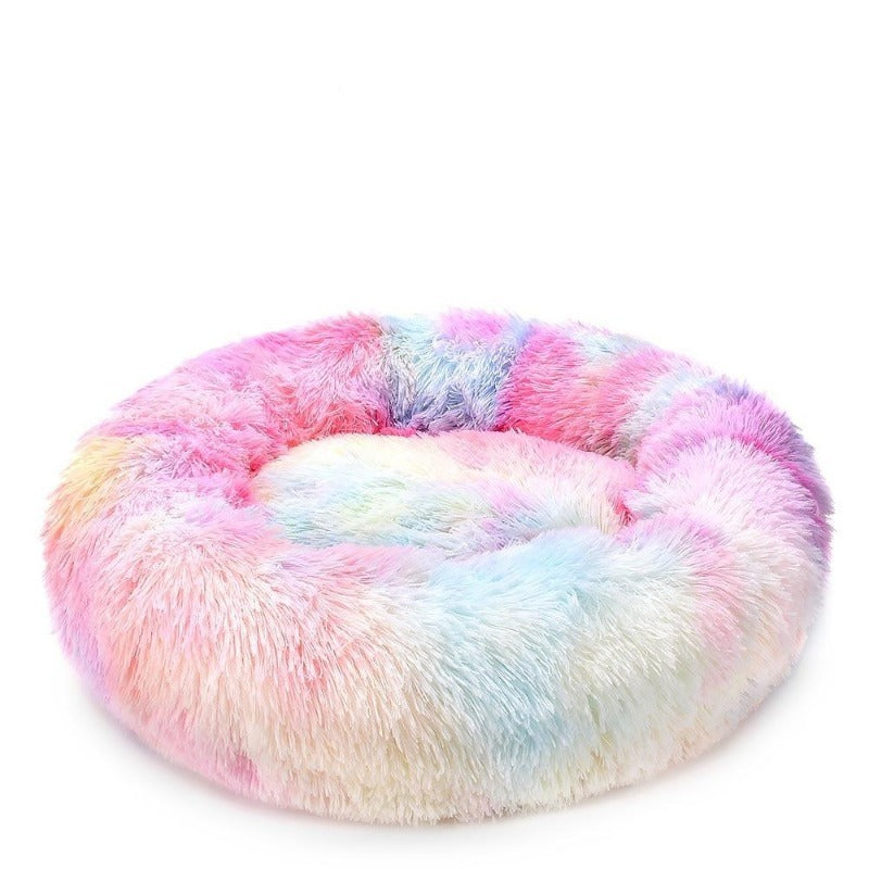 Round Rainbow Extra Plush Calming Donut Dog Beds