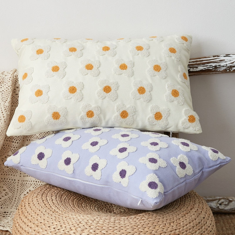 Daisy Embroidered Lumbar Pillow Cover