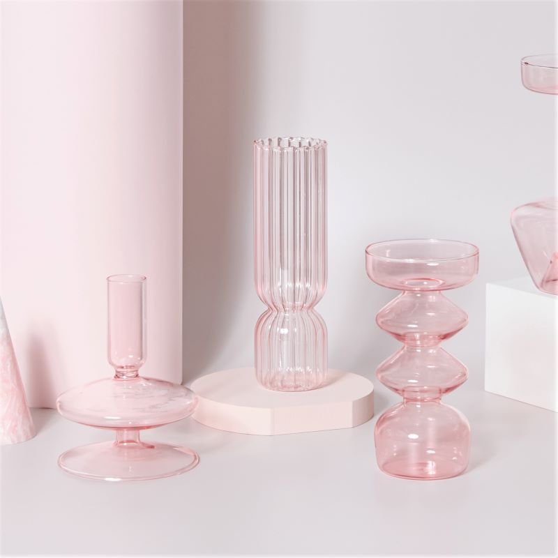 Suporte para Velas em Vidro Rosa Sakura e Vasos