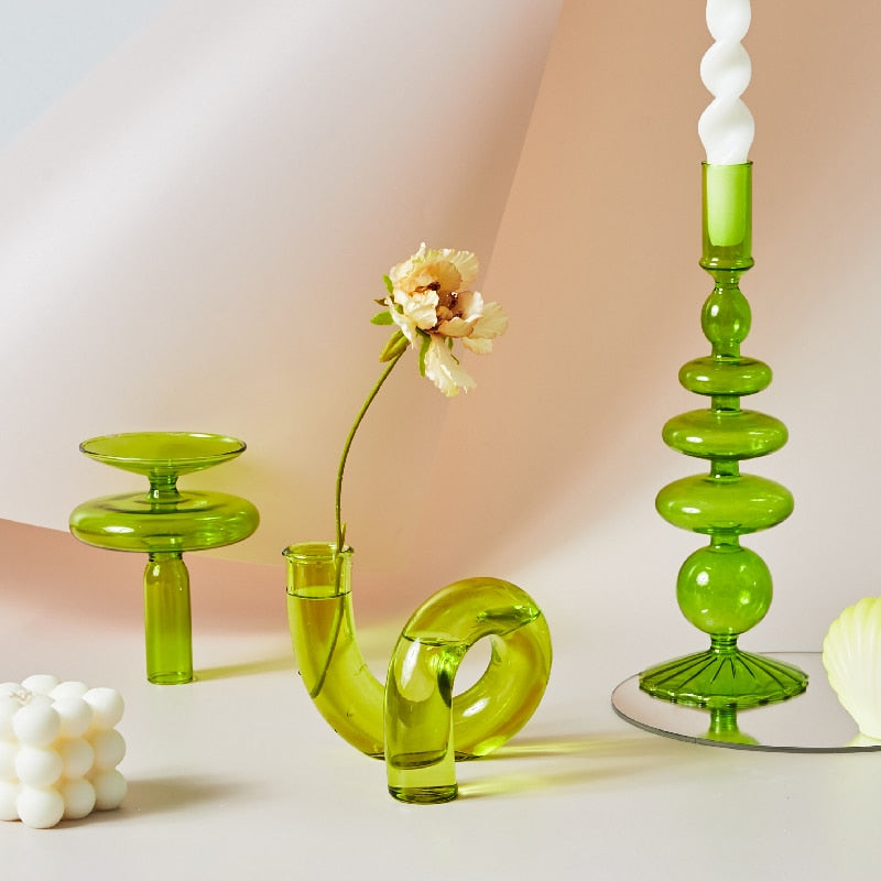 Green Grass Glass Candle Holders