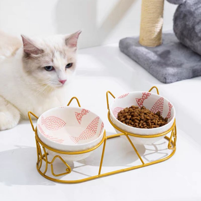 Bowl Duplo de Cerâmica Adorável com Suporte para Gatos Inclinados