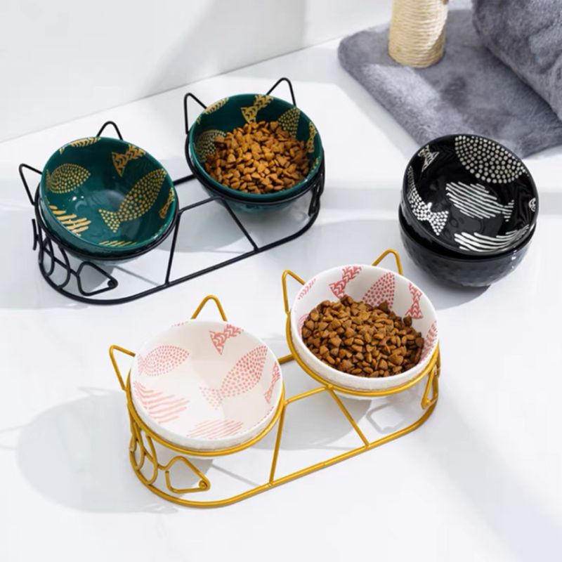 Adorable Tilted Ceramic Dual Cat Bowl with Stand