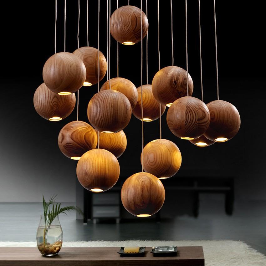 Lustre boule en bois massif moderne