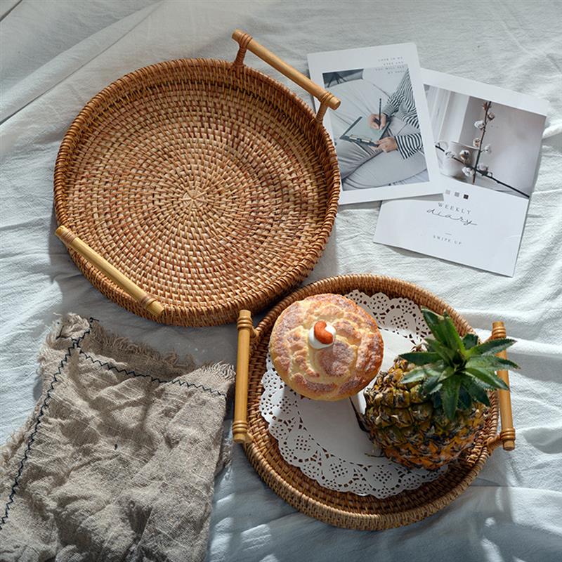 Round Rattan Tray with Handles