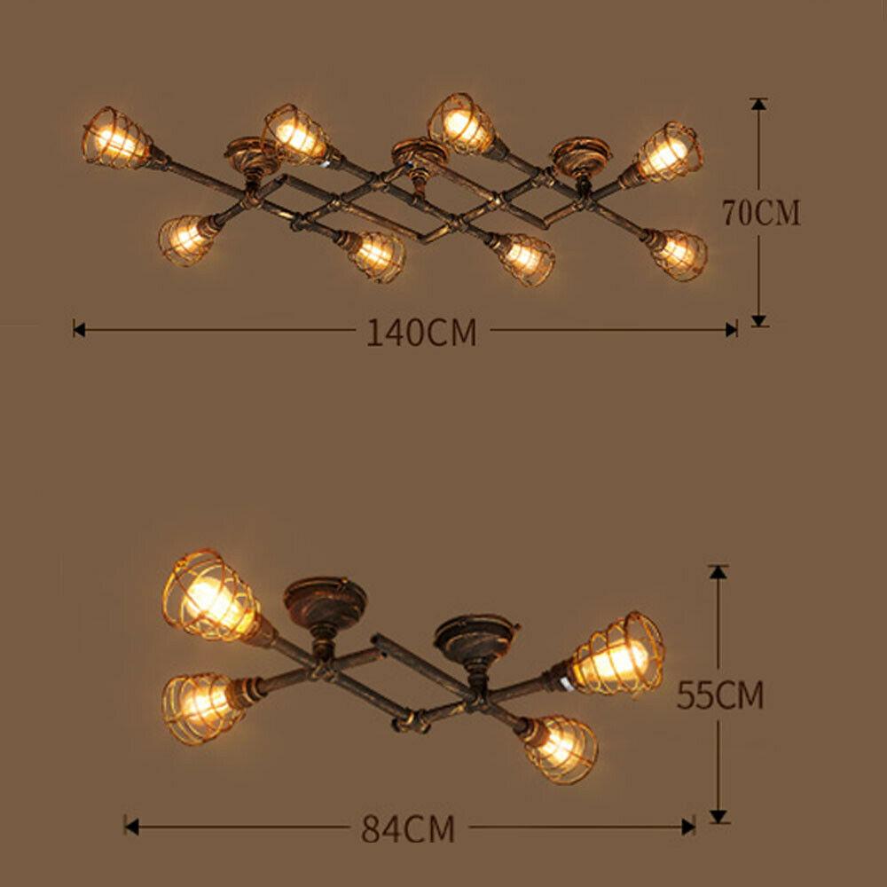 Rustikale industrielle halbbündige Deckenleuchte – Steampunk-Rohrleuchte mit Käfigschirm