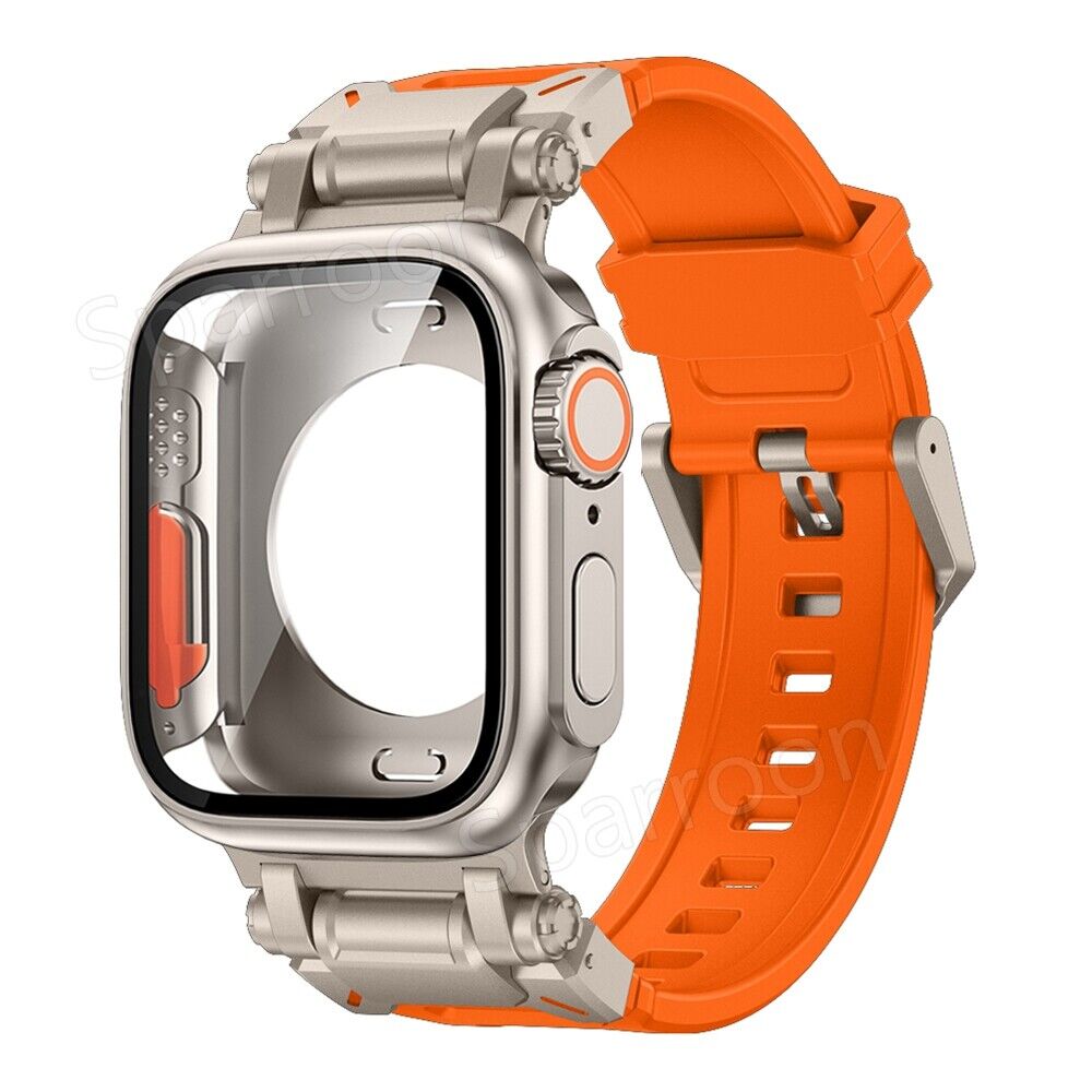 Correa de goma flúor táctica Explorer + funda ultra de metal para Apple Watch 9 8 7 6 5 4 SE