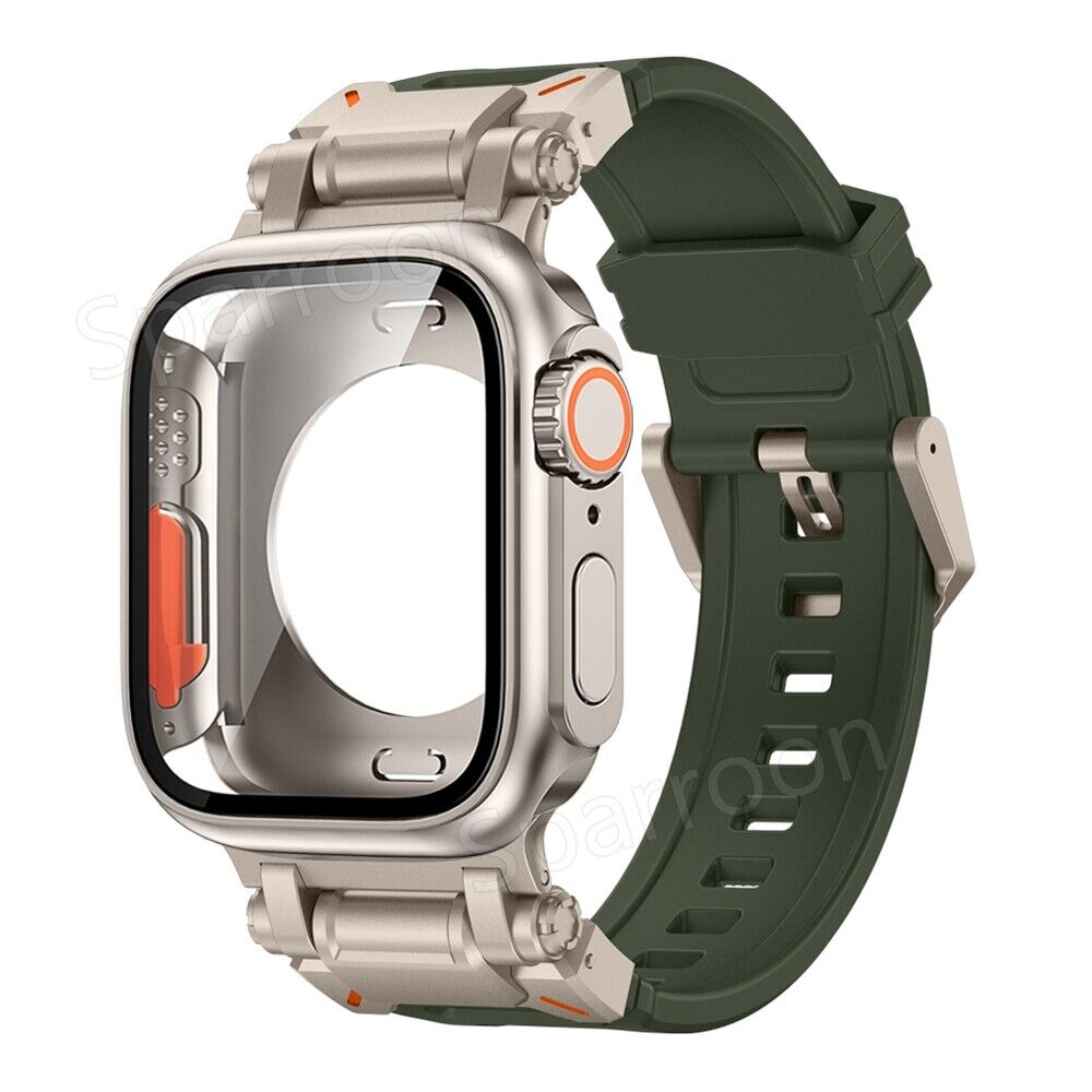 Correa de goma flúor táctica Explorer + funda ultra de metal para Apple Watch 9 8 7 6 5 4 SE