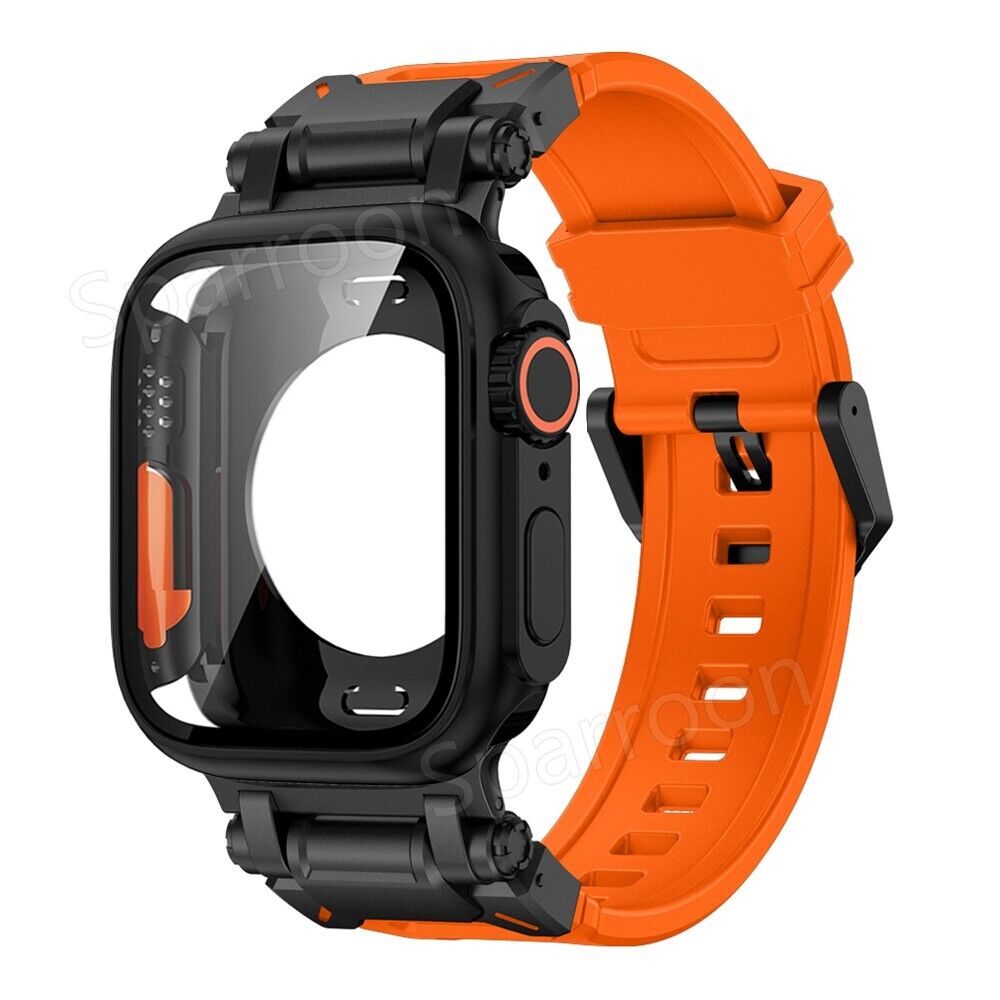 Correa de goma flúor táctica Explorer + funda ultra de metal para Apple Watch 9 8 7 6 5 4 SE