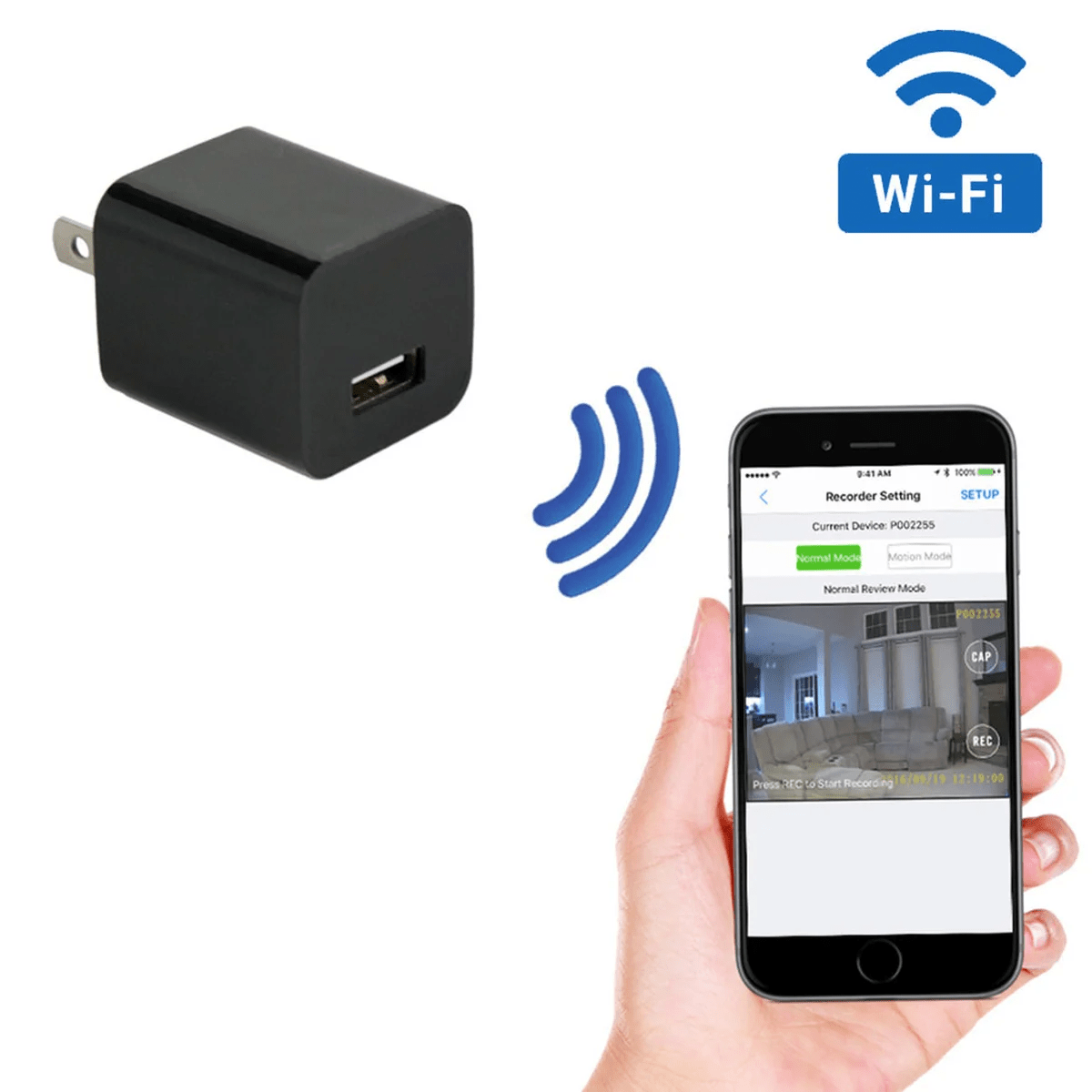 Streaming WiFi HD 1080P + enregistrement activé par le mouvement, chargeur mural USB, caméra cachée