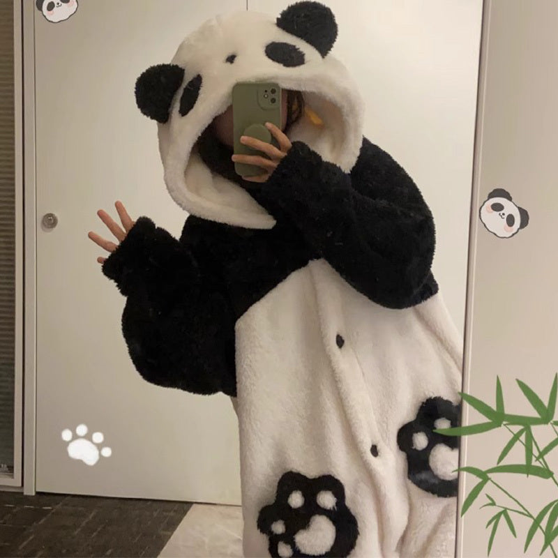 Set pigiama con cappuccio in peluche a forma di panda dei cartoni animati kawaii