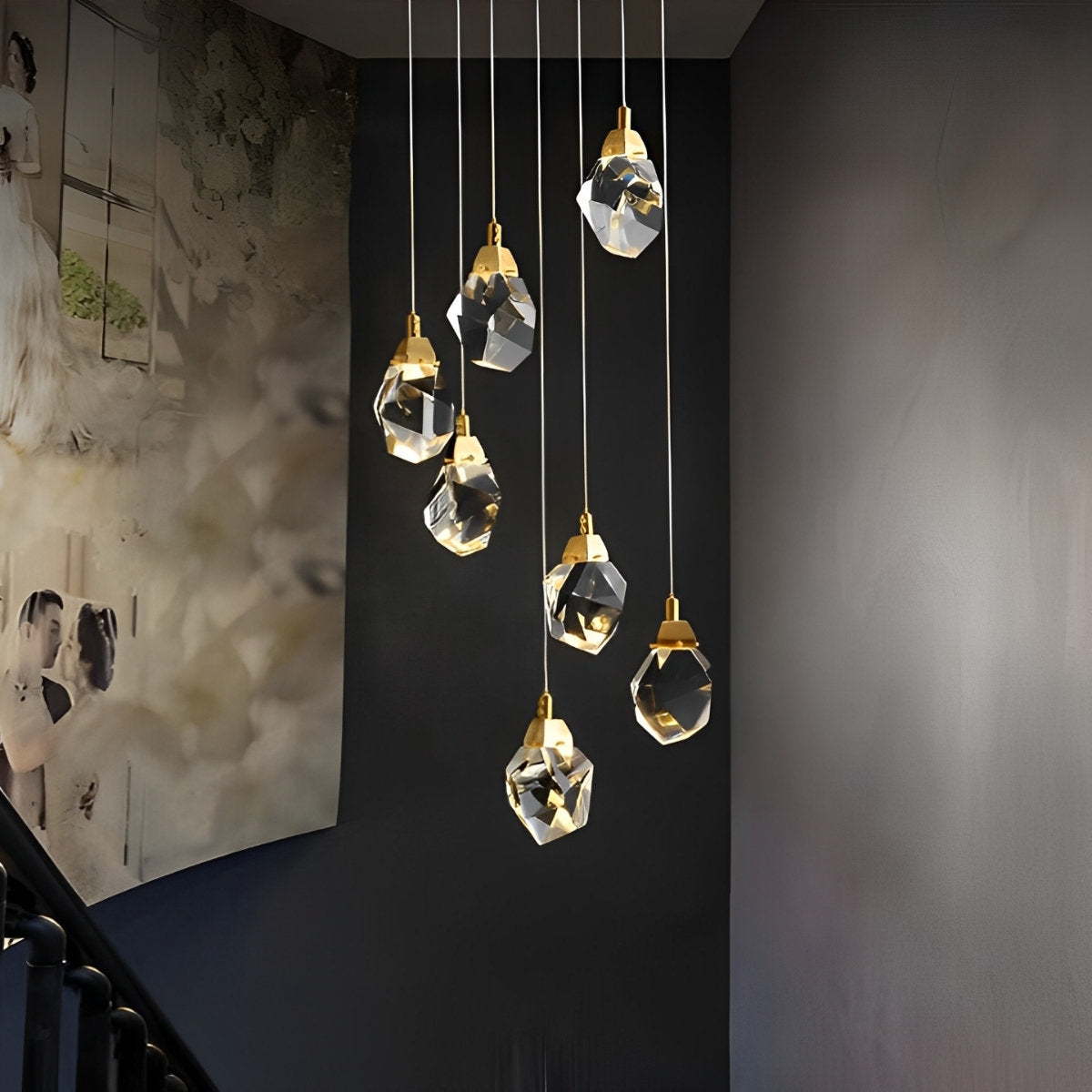 Spiral Crystal Droplets Metal Modern Duplex Staircase Pendant Chandelier