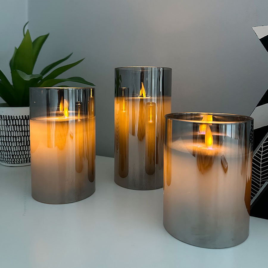 Set Of 3 - Flameless Pillar Candles With Smokey Gray Casing