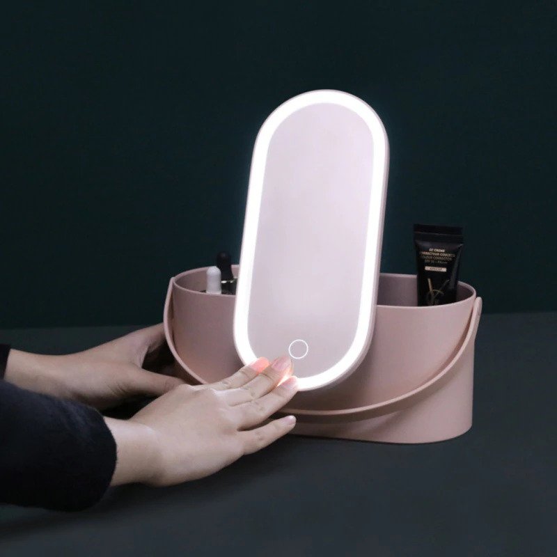 Travel makeup organizer with integrated LED mirror